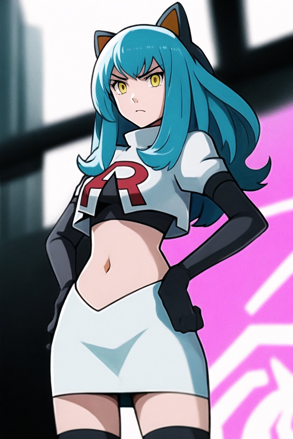 Team Rocket, cropped jacket, white jacket, crop top, jacket, gloves, black gloves, elbow gloves, navel, midriff, white skirt, miniskirt, skirt, black thighhighs, looking down at viewer,(intricately detailed, hyperdetailed), blurry background,depth of field, best quality, masterpiece, intricate details, tonemapping, sharp focus, hyper detailed, trending on Artstation,1 girl, high res, official art,hands on hips,glaring angrily,Tio Plato,yellow_eyes,long_hair,aqua_hair,fake_animal_ears 