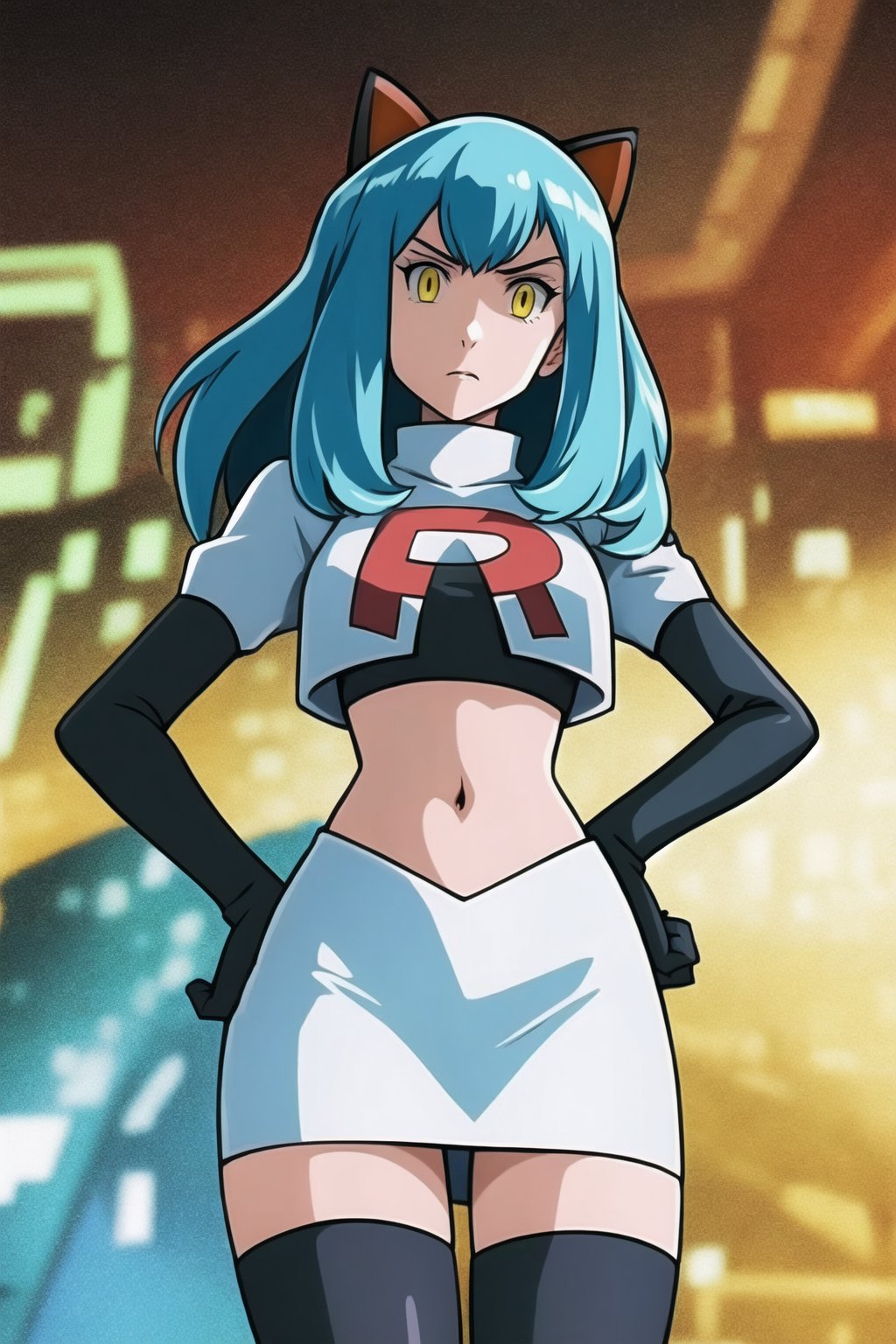 Team Rocket, cropped jacket, white jacket, crop top, jacket, gloves, black gloves, elbow gloves, navel, midriff, white skirt, miniskirt, skirt, black thighhighs, looking down at viewer,(intricately detailed, hyperdetailed), blurry background,depth of field, best quality, masterpiece, intricate details, tonemapping, sharp focus, hyper detailed, trending on Artstation,1 girl, high res, official art,hands on hips,glaring angrily,Tio Plato,yellow_eyes,long_hair,aqua_hair,fake_animal_ears 