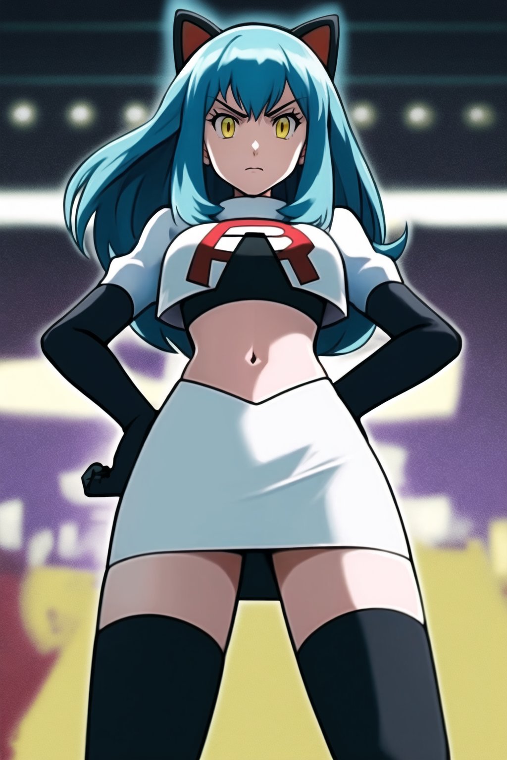 Team Rocket, cropped jacket, white jacket, crop top, jacket, gloves, black gloves, elbow gloves, navel, midriff, white skirt, miniskirt, skirt, black thighhighs, looking down at viewer,(intricately detailed, hyperdetailed), blurry background,depth of field, best quality, masterpiece, intricate details, tonemapping, sharp focus, hyper detailed, trending on Artstation,1 girl, high res, official art,hands on hips,glaring angrily,Tio Plato,yellow_eyes,long_hair,aqua_hair,fake_animal_ears 