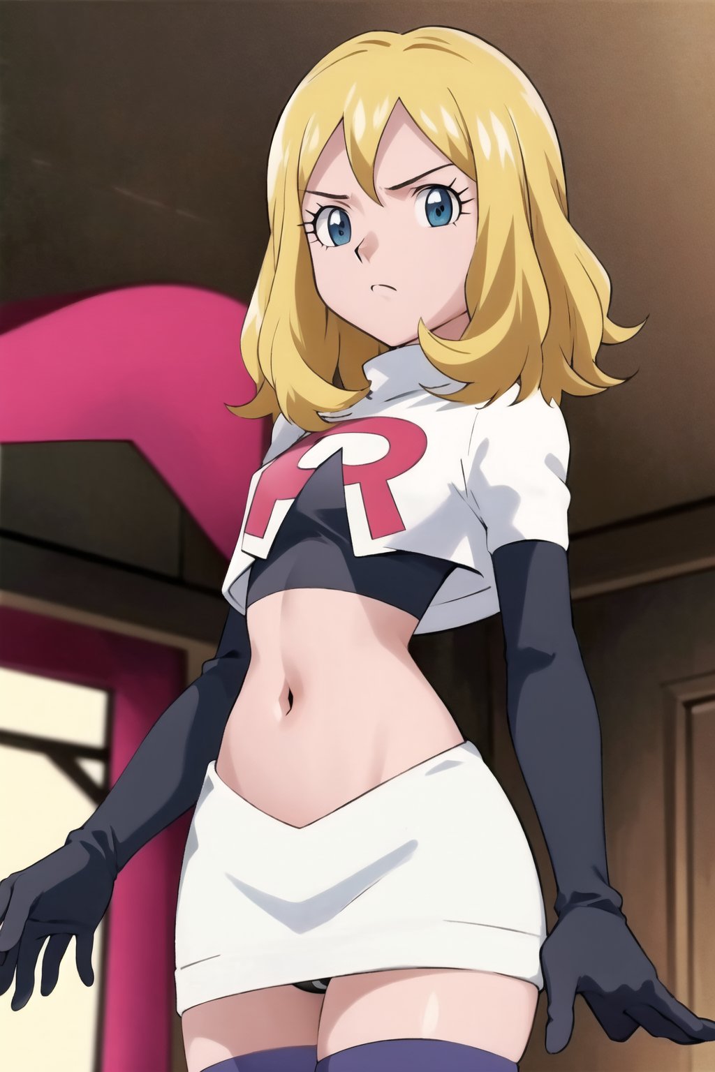 best quality, masterpiece,Team Rocket, cropped jacket, white jacket, crop top, jacket, gloves, black gloves, elbow gloves, navel, midriff, white skirt, miniskirt, skirt, black thighhighs, looking down at viewer,(intricately detailed, hyperdetailed), blurry background,depth of field, best quality, masterpiece, intricate details, tonemapping, sharp focus, hyper detailed, trending on Artstation,best quality, masterpiece,1 girl, high res, official art,hands on hps,glaring angrily,black panties,anime art style,L-WORD,sxhelen,blonde hair, medium hair, blue eyes