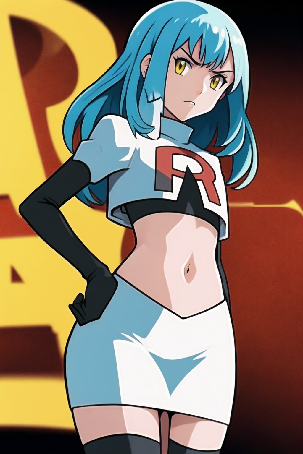 Team Rocket, cropped jacket, white jacket, crop top, jacket, gloves, black gloves, elbow gloves, navel, midriff, white skirt, miniskirt, skirt, black thighhighs, looking down at viewer,(intricately detailed, hyperdetailed), blurry background,depth of field, best quality, masterpiece, intricate details, tonemapping, sharp focus, hyper detailed, trending on Artstation,1 girl, high res, official art,hands on hips,glaring angrily,Tio Plato,yellow_eyes,long_hair,aqua_hair