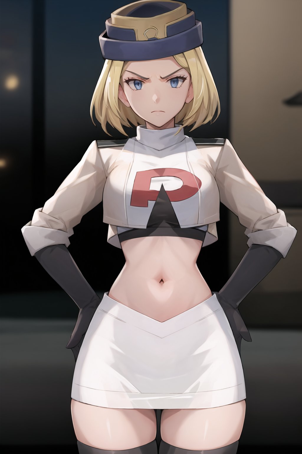 Team Rocket, cropped jacket, white jacket, crop top, jacket, gloves, black gloves, elbow gloves, navel, midriff, white skirt, miniskirt, skirt, black thighhighs,looking down at viewer, china, asiática, city, night, sky, (intricately detailed, hyperdetailed), blurry background,depth of field, best quality, masterpiece, intricate details, tonemapping, sharp focus, hyper detailed, trending on Artstation,1 girl, high res, official art,glaring angrily,hands on hips,Theresia Caroline,garrison_cap