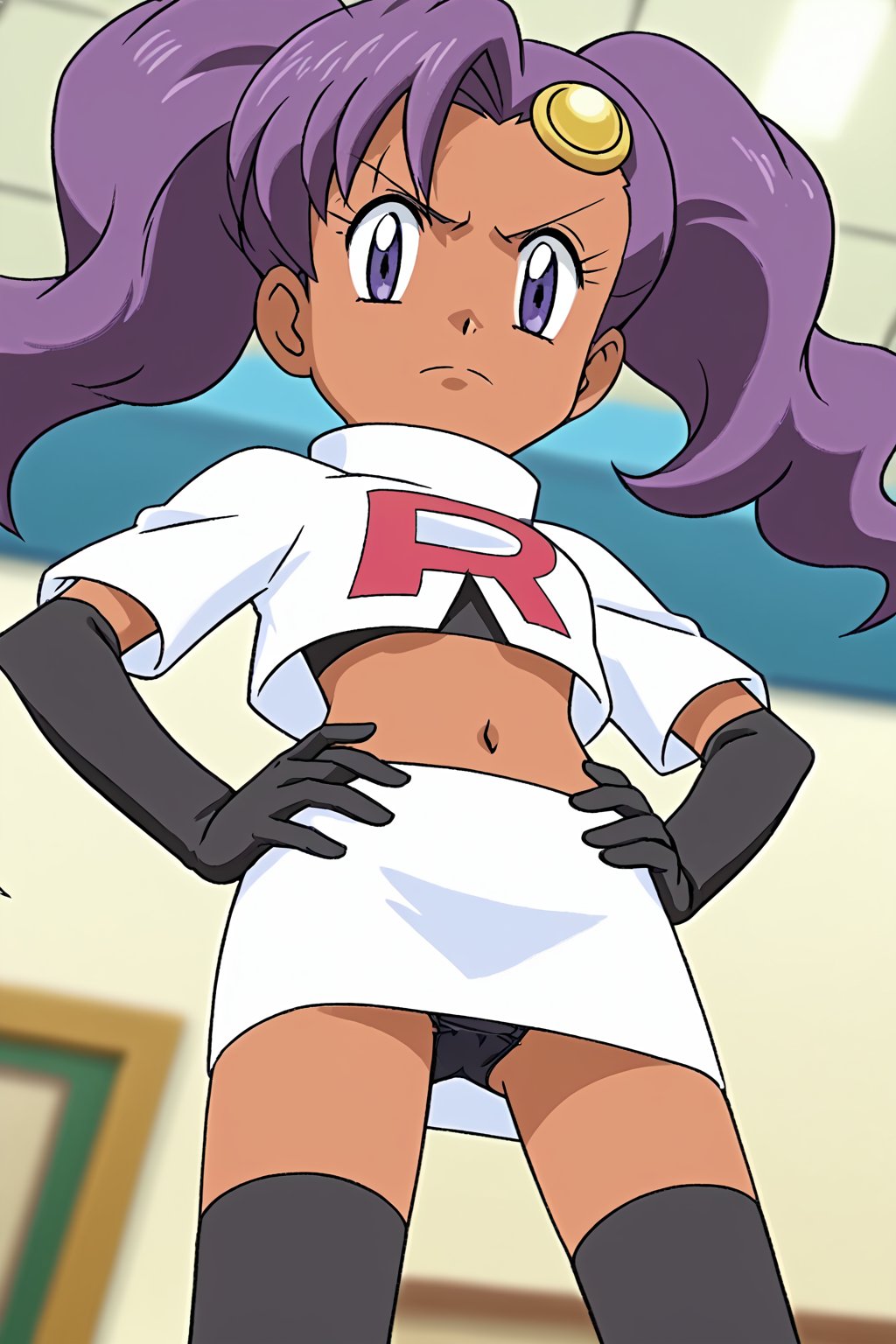 Team Rocket, cropped jacket, white jacket, crop top, jacket, gloves, black gloves, elbow gloves, navel, midriff, white skirt, miniskirt, skirt, black thighhighs,zettai ryouiki,looking down at viewer,(intricately detailed, hyperdetailed), blurry background,depth of field, best quality, masterpiece, intricate details, tonemapping, sharp focus, hyper detailed, trending on Artstation,1 girl, high res, official art,hands on hips,glaring angrily,spread legs,black panties,POKEMONSTYLE,POKEMON \(ANIME\),POKEMON \(CLASSIC ANIME\,POKEMON \(CLASSIC ANIME\),source_anime, anime screencap,viewed_from_below, dark skin, purple eyes, purple hair, twintails, meredyBase