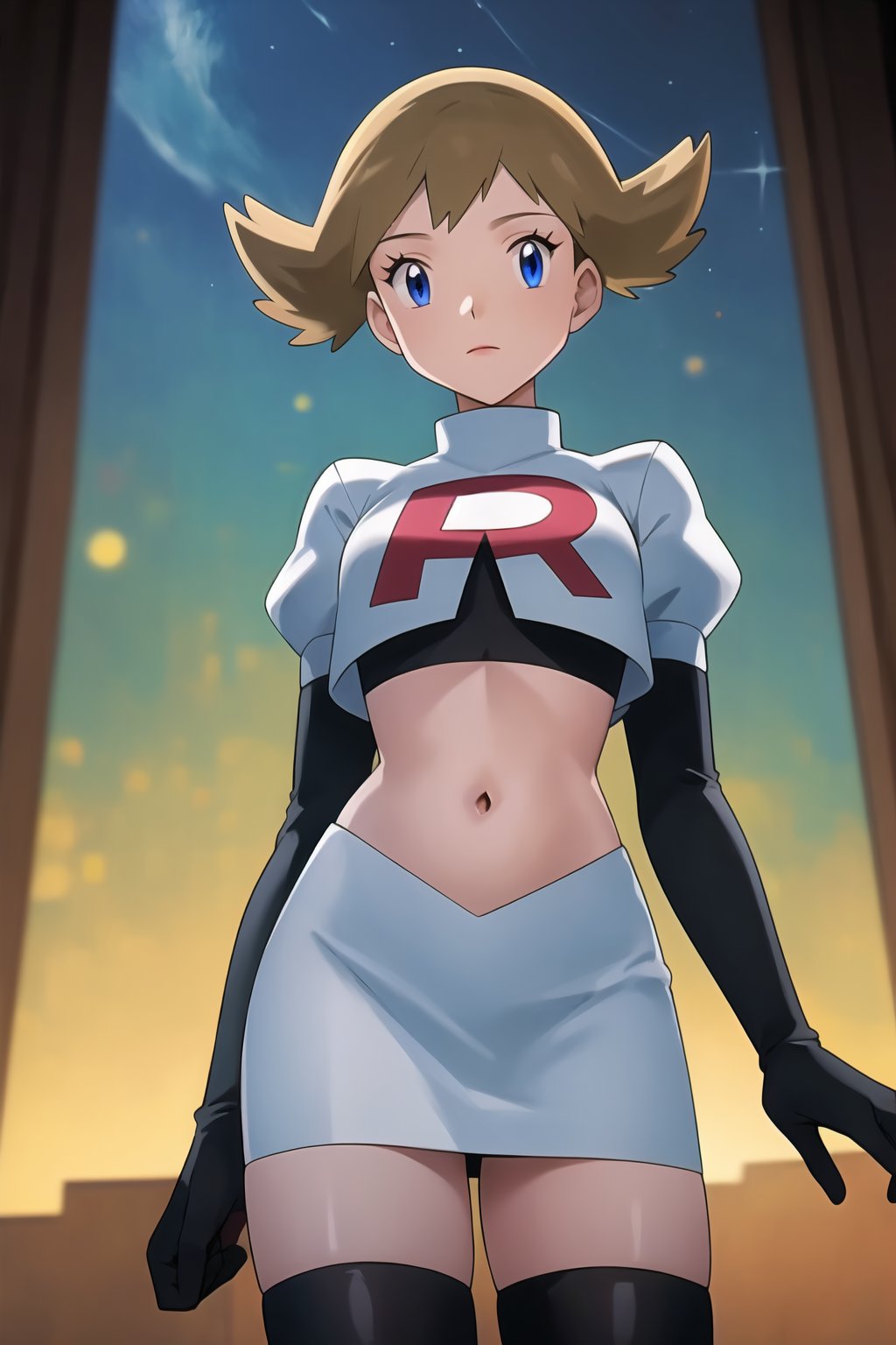 (best quality), (highly detailed), masterpiece, (official art), Team Rocket, cropped jacket, white jacket, crop top, jacket, gloves, black gloves, elbow gloves, navel, midriff, white skirt, miniskirt, skirt, black thighhighs,, looking at viewer, china, asiática, city, night, sky, (intricately detailed, hyperdetailed), blurry background,depth of field, best quality, masterpiece, intricate details, tonemapping, sharp focus, hyper detailed, trending on Artstation,1 girl, high res, official art, Molly Hale