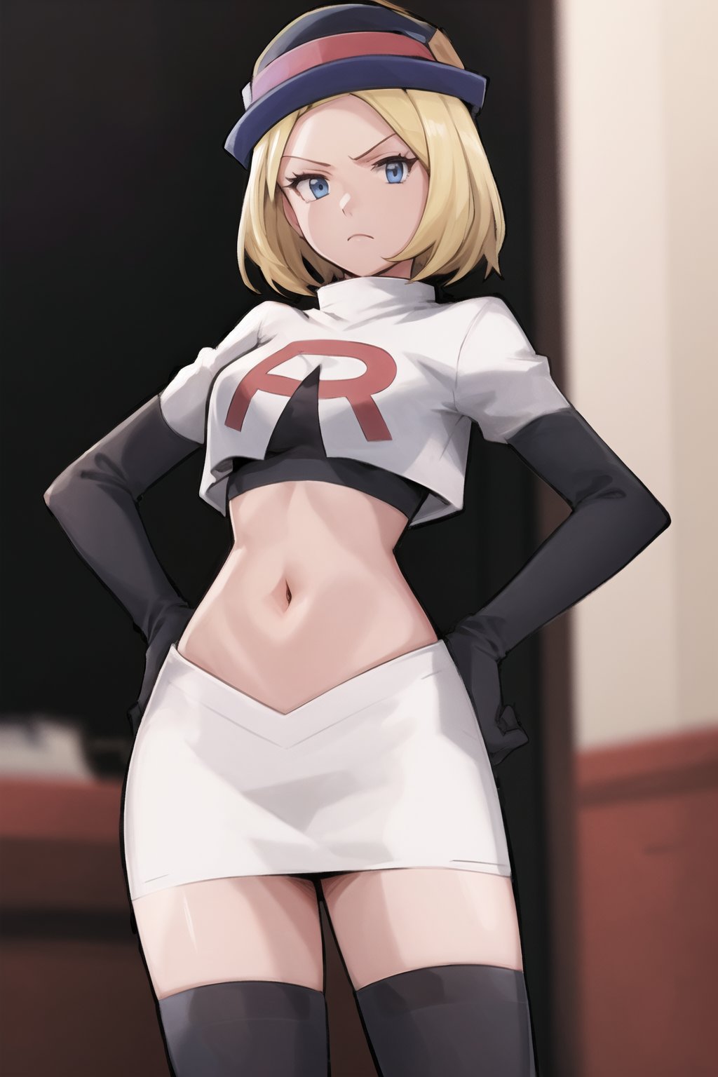 Team Rocket, cropped jacket, white jacket, crop top, jacket, gloves, black gloves, elbow gloves, navel, midriff, white skirt, miniskirt, skirt, black thighhighs, looking down at viewer,(intricately detailed, hyperdetailed), blurry background,depth of field, best quality, masterpiece, intricate details, tonemapping, sharp focus, hyper detailed, trending on Artstation,1 girl, high res, official art,hands on hips,glaring angrily,Theresia Caroline,short hair,blonde hair,blue eyes,garrison_cap