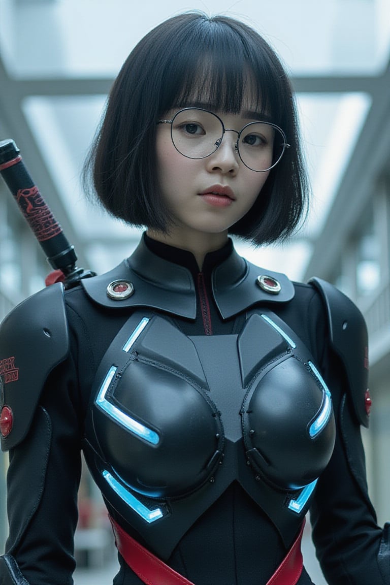 yiting,glasses,Masterpiece, best quality, official art, extremely detailed CG uniform 8k wallpaper, absurd, 8k resolution, exquisite facial features, perfect face, cinematic lighting, 1girl, realistic style, robotic arm, detailed robot body, body glow The parts of the body are blue LED lights, looking at the audience, perfect short black hair, (super-detailed female body lines, the mechanical components in the mecha are super-detailed and can be seen) (((((((((Body parts plus many white English labels) production model and brand logo))), the red diagonal belt carries an exaggerated mechanical Japanese samurai sword, and the appearance is flawless, passing through the soft light of the city, sstandet, automatically conveying complex details and dark emotions. dystopia