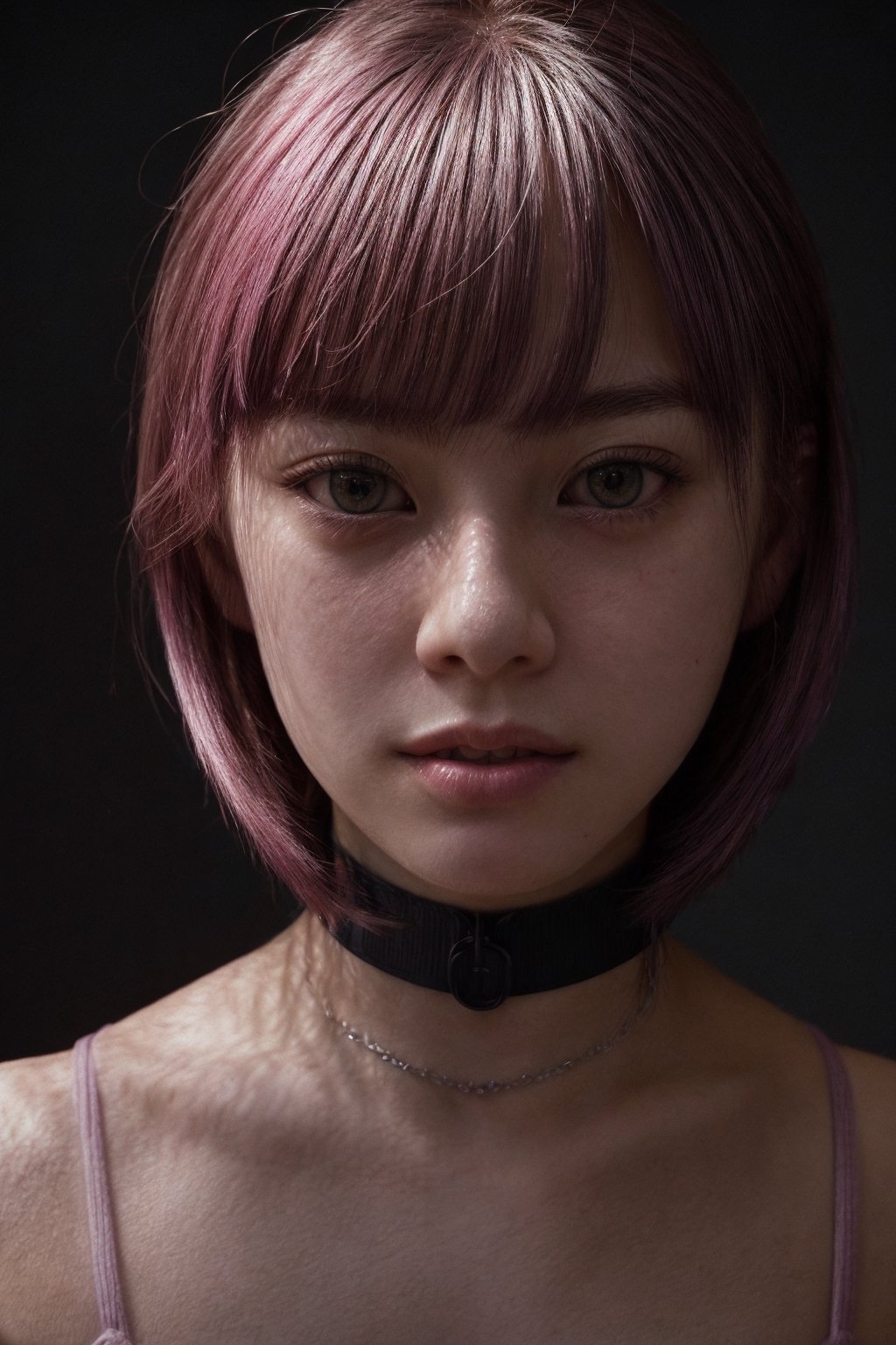 photo, rule of thirds, dramatic lighting, medium hair, pink hair, violet eyes, detailed face, detailed nose, young woman, 20yo asian girl, wearing tank top, collar or choker, smirk, intricate background
,realism,realistic,raw,analog,woman,portrait,photorealistic,analog,realism,Haka