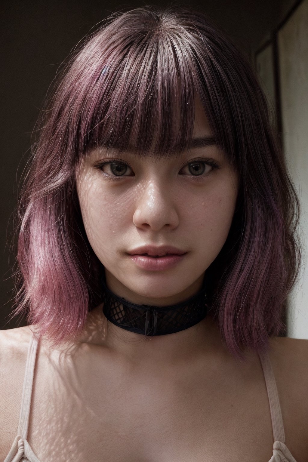 photo, rule of thirds, dramatic lighting, medium wavy hair, pink hair, violet eyes, detailed face, detailed nose with septum piercing, beautiful 20yo asian girl, woman wearing tank top, collar or choker, big breasts, smirk, intricate background
,realism,realistic,raw,analog,woman,portrait,photorealistic,analog,realism, 