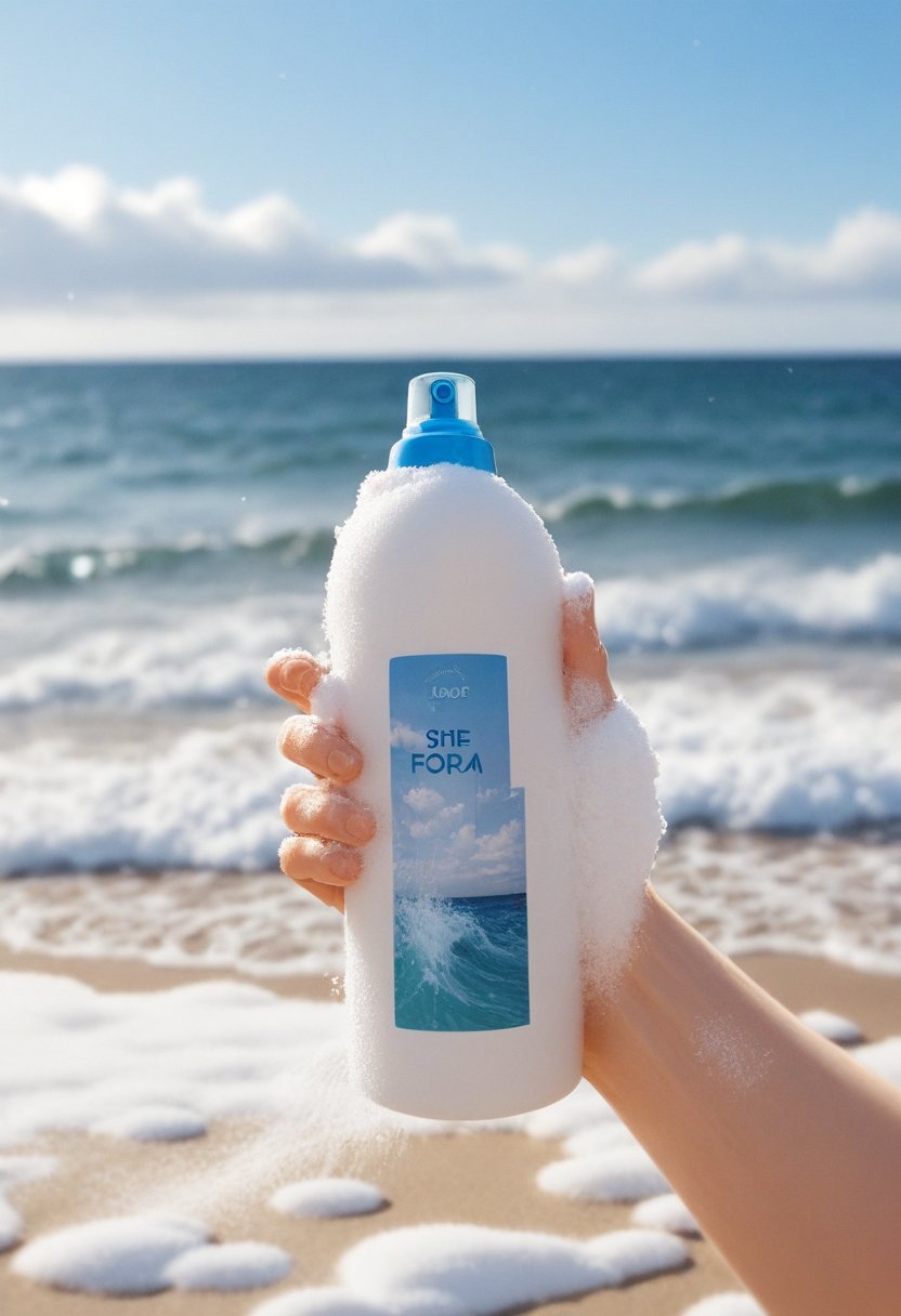 Beach,Bokeh,blur,Blur background,blur Foreground,depth of field,Motion blur,clouds,sky,outdoors,sky,snow,ocean,water. one hand holding a bottle of white shampoo on soft,spray foam,clean foam surrounded by bubbles,the scene exudes elegance and high-definition photography,presenting a visual appeal,nodf_lora