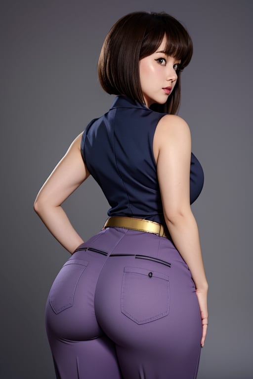 TendouNabiki, grey blue business suit, violet pants, pink tie, red belt with gold ring in the middle, short fluffy brown hair, brown eyes, thicc big hips, curvy_hips, big thicc diaper butt, hands on butt, back view, masterpiece, best quality, detailed face, detailed eyes, highres,
