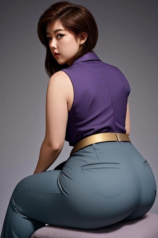 TendouNabiki, grey blue business suit, violet pants, pink tie, red belt with gold ring in the middle, short fluffy brown hair, brown eyes, thicc big hips, curvy_hips, big thicc diaper butt, sitting_on_man_face, back view, masterpiece, best quality, detailed face, detailed eyes, highres,