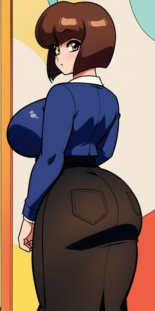 tendounabiki, huge_breasts, standing, solo, pencil_skirt, big butt, curvy wide hips, back view, masterpiece, best quality, detailed face, detailed eyes, highres,