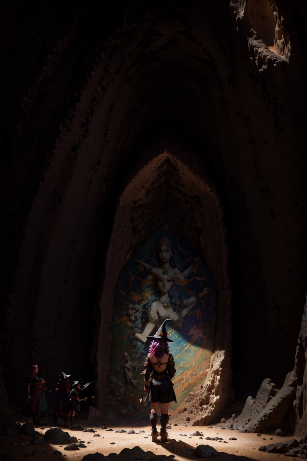 (A treasure hunter girl looking up at a mural of witches in a cave:1.3), dark area, (top quality, highres, HDR, 8K, masterpiece photorealistic:1.3), (fine textured, intricate detaled:1.3), sharpness, BREAK multiple exposure, feeling of transparency, led lighting, volumetric lighting, BREAK 1picture, oil painting, alluring witch picture, 1girl, solo, narrow body, upper body, (back view:1.4), (multicolor hair:1.4), Black hair, short hair, (bob cut hair), collared shirt, shoulder gun holster, short pants, BREAK deep shadows, view from below, well-balanced composition, 