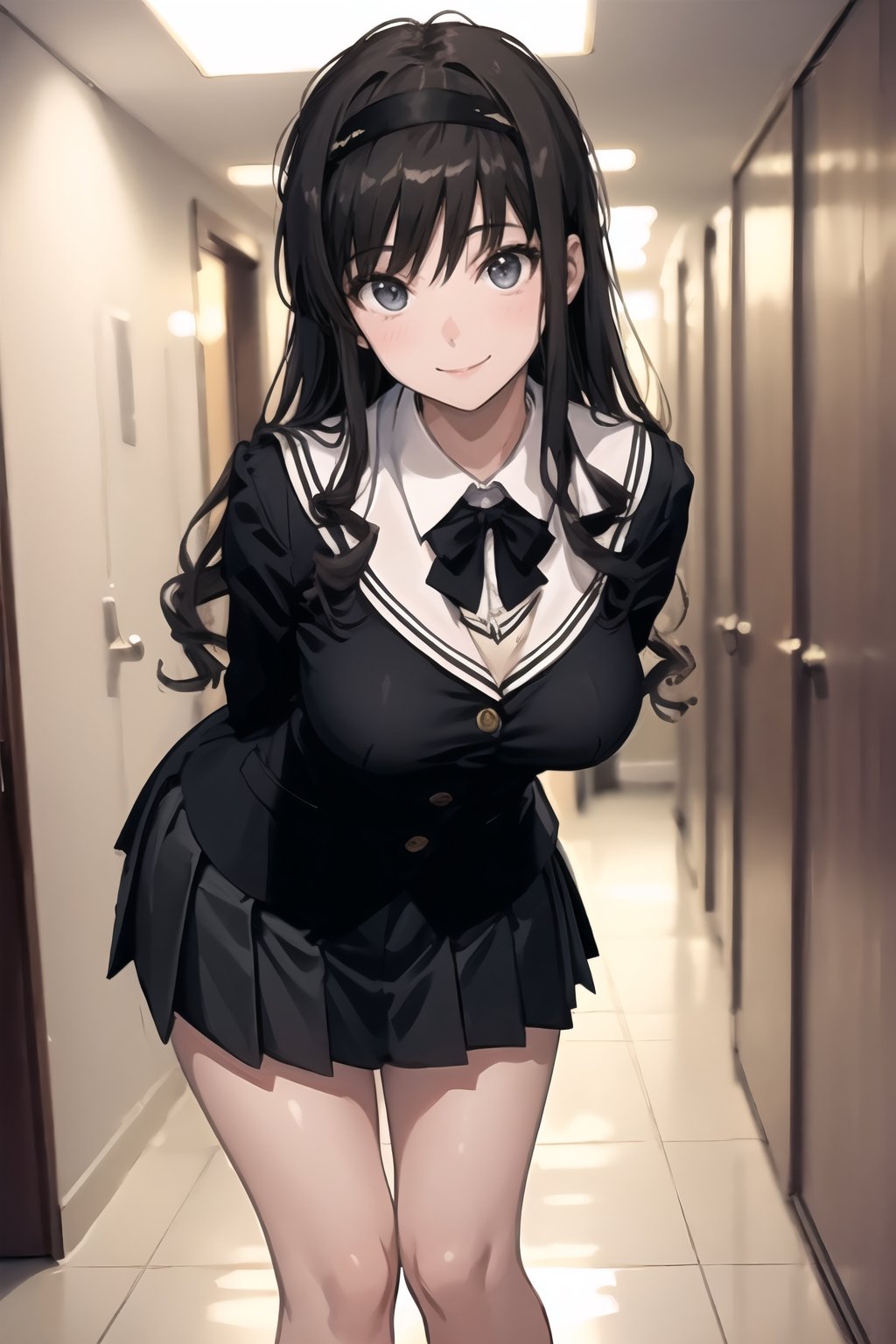 masterpiece, 8K, best quality, morishima haruka, hairband, black sailor collar, black blazer, black bowtie, long sleeves, pleated skirt, large breasts, looking at viewer, smile, arms behind back, leaning forward, lockers, hallway, ambient lighting, well-balanced composition, 