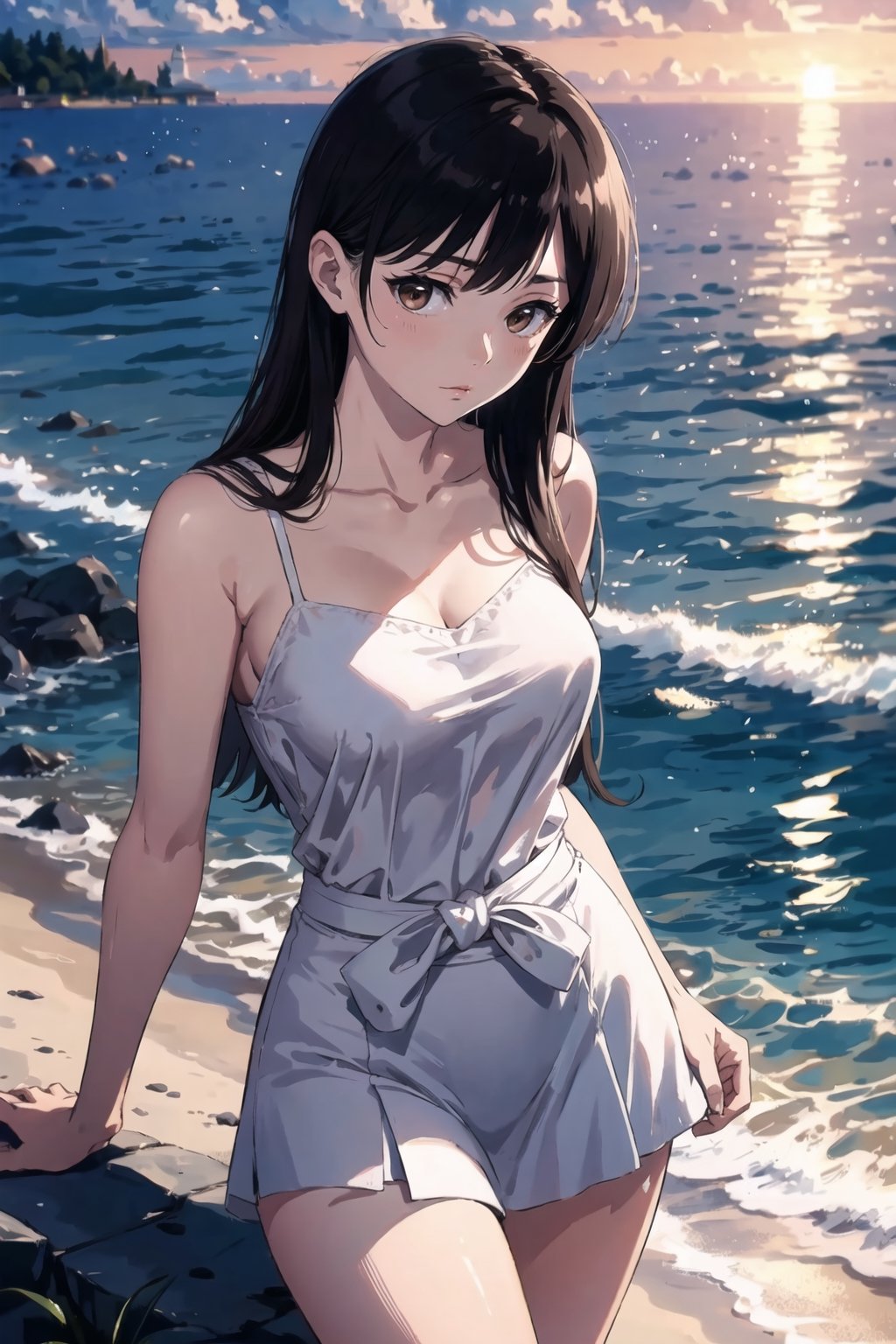 Chizuru Ichinose, Chizuru Mizuhara, best quality, ultra high resolution, masterpiece, 8K, intricate  detaled, 1girl, solo, long hair, black hair, brown eyes, blush, narrow body, large breast, hourglass body, thin waist,  beutyfull thighs, (pleasant expression), stund, elegant posing, (white camisole), (veige culott-skirt), seaside resort, sunset, ambient light, hed to thigh photgraph, well-balanced composition, 