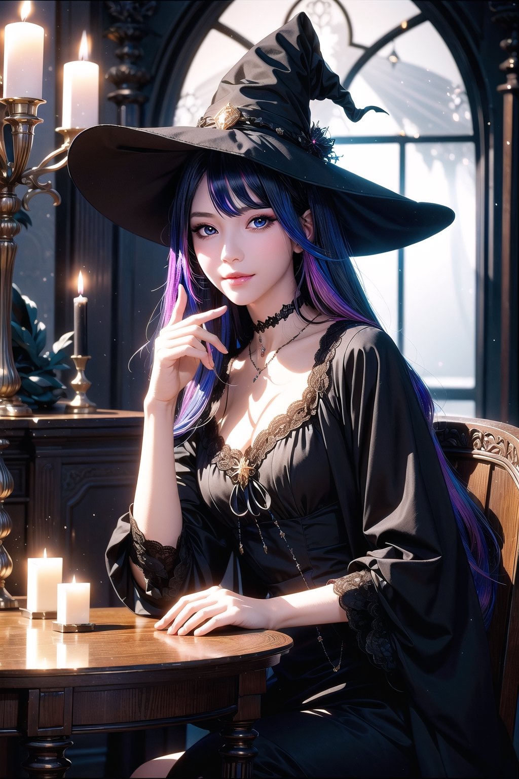 high resolution, intricate detailed, official art, 8K wallpaper, masterpiece, fantsy world, (them-witches tell fortunes), BREAK bokeh, photography, soft focus, multiple exposure, feeling of transparency, reflected light, candle lights, ambient lighting, BREAK (witch costumes), black short dress, sexy dress, black choker, untique accessories, BREAK 1girl, enchantress, (multicolor hair:1.4), medium hair, Black hair, brown eyes, eyeliner, long eyelashes, (blush:1.3), gloss lips, natural maked face, ultra detaled face, (pleasant expression), seductive smile, bashfully smile, open mouth, looking at viewer, mysterious aura, (predict posing), bust shot, realistic photgraph, portrait, BREAK (at night), dark night, deep shadow, sitting on the chair, a crystal ball on the table, large crystal ball, detaled background, witch’s house, divination room, in door, untique room, fire in the fireplace, old ornaments, well-balanced composition, 