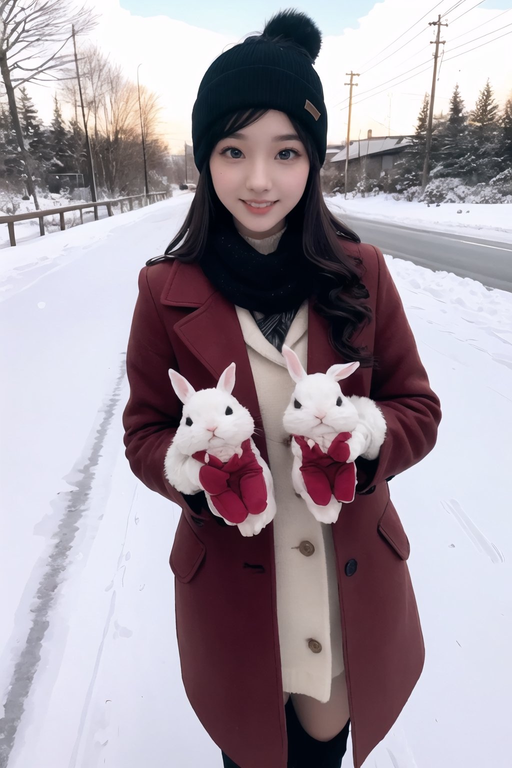 masterpiece, best quality, 8K, morishima haruka, 1girl, ((adorable,cute)), Age 17yo, high school girl,  brown  eyes, slit pupils, eyeliner, long eyelashes, gloss lips, blush, natural maked face, beutyfull legs, BREAK, hairband, red coat, long coat, fur trim, black scarf, boots, woollen gloves, BREAK, (wave hand lightly:1.4), looking at viewer, kind smile, beanie, snow, winter, 1rabbit, white rabbit, (The Road Leading to School), snow-covered road, morning, daylight, blue sky, ambient lighting, dynamic light, full body shot, realistic portrait, well-balanced composition, 