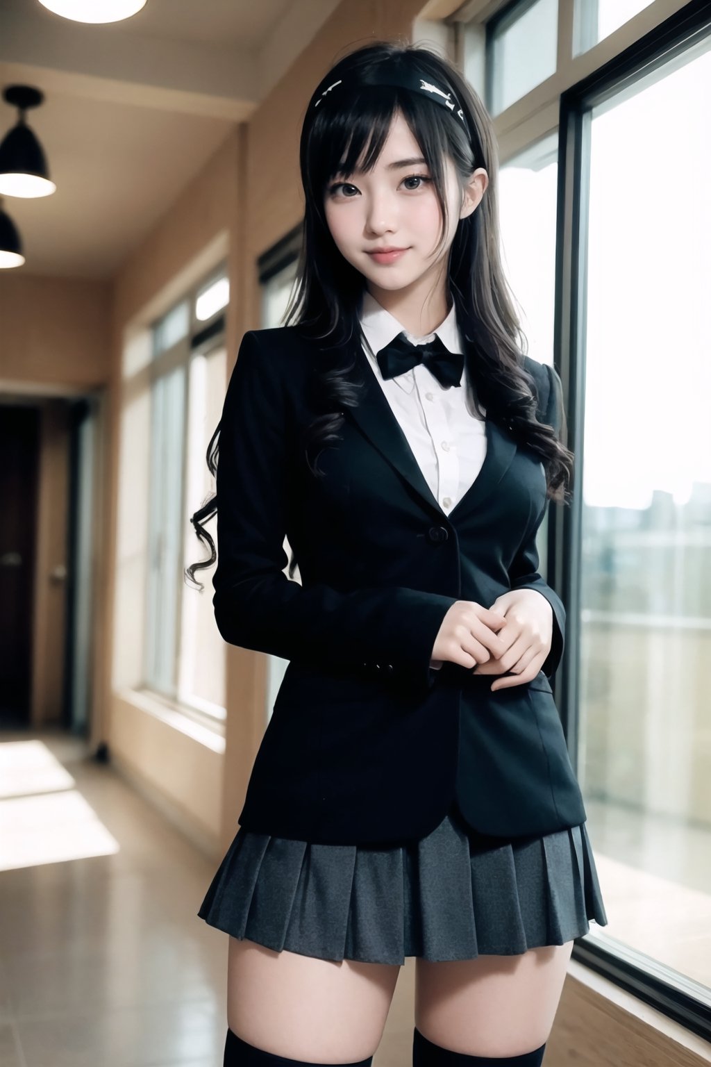 masterpiece, best quality, 8K, intricate detaled, morishima haruka, Age 17yo, ((adorable,cute,high school girl)), 1girl, solo, black hair, long hair,  brown  eyes, slit pupils, eyeliner, long eyelashes, gloss lips, natural maked face, BREAK, hairband, black sailor collar, black blazer, black bowtie, long sleeves, pleated skirt, high socks, loafers, BREAK, narrow body, hourglass body, large breasts, thin waist, beutyfull thighs, beutyfull legs, BREAK, (pleasant expression), blush, looking at viewer, kind smile, arms behind back, (leaning forward), lockers, hallway, BREAK, ambient lighting, dynamic light, whole body shot, 