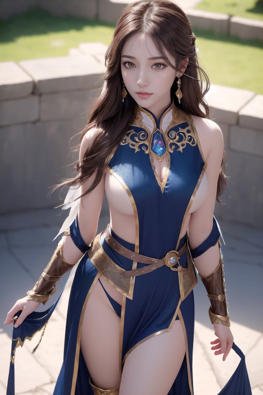 photorealistic, high resolution, masterpiece, 8K, best quality, raw photo, 1girl, (((adorable, lovely, pretty))), 18yo, narrow body, hourglass body, medium breasts, thin waist, flat belly,  beutyfull thighs,  beutyfull legs, (theme-fantasy), (brave warrior's costumes:1.4), (female sorceress), long hair, brown hair, brown eyes, eyeliner, long eyelashes, alluring face, upturned  eyes, natural maked face, flirtatious glance, diamond earring's, (Ruined Village), outdoor, daylight,  looking at viewer, from above, (be approaching), dynamic lighting, low key, intricate detail, detailed skin,  detaled face, pore, highres, hdr