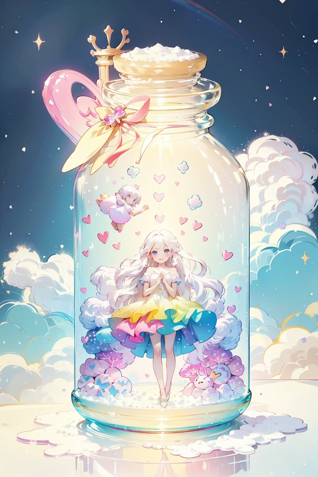((magical girl, white hair, rainbow eyes, doll dress, short dress, long hair, small breasts, pale skin, soft skin, colorful snow background, rainbow, hearts, snow, snowing, ice, pastel, sun)), (masterpiece, best quality:1.2), fluffy, soft, light, bright, sparkles, twinkle, slightly downcast eyes, cute, pink, purple, (crystals), (on toy figure stand), glass bottle,  jar, gib\(concept\),bottle,kawaiitech, clouds