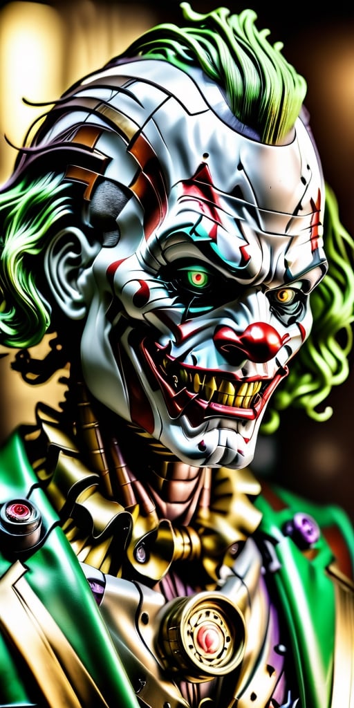 Masterpiece, best quality, absurdres, 8k, perfectly_detailed, close-up image of A cyborg clown, (((based on the image of The Joker from DC Comics))), cables in exchange for hairs, green cables, chaotic backgrounds. Mechanical parts, titanium alloy frame, ceramics coating, muscles, cables and gears, strong. H.R.Geiger.  ,c1bo,DonMChr0m4t3rr4XL ,cyborg style,oni style