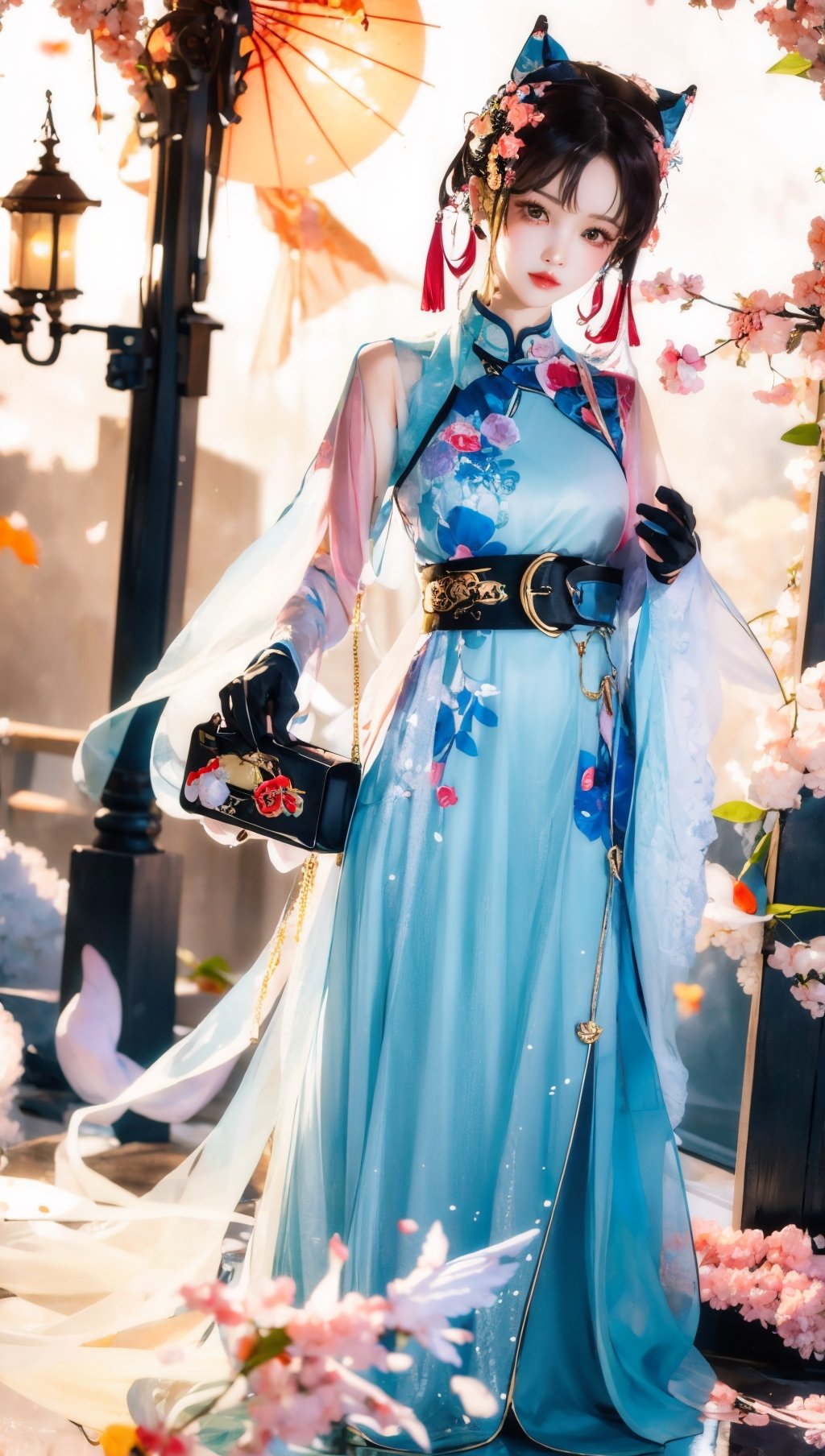 JinxLol,mature female,1girl, solo,looking at viewer, gloves, fingerless gloves,cheongsam, character name, looking at viewer, gun, belt,outdoors,lora:JinxLolEp8dim8:1, lora:JinxLol:1,wearing cheongsam,one piece,Holding a fan in one hand, JeeSoo,