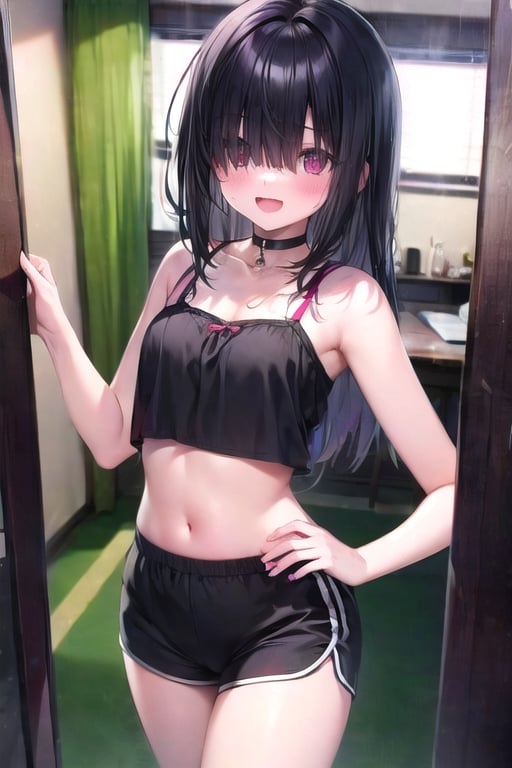 1girl, camisole, hair_over_eyes, solo, black_hair, long_hair, looking_at_viewer, spagetti strap, blush, shy, eyes_visible_through_hair, bangs, open_mouth, choker, sailor_collar, red_eyes, blunt_bangs, smile, black_choker, Mob chan,Hair over eyes,hair covering eyes, hot shorts, crop_top, navel, tent bobs, opeopening door, hip_lines