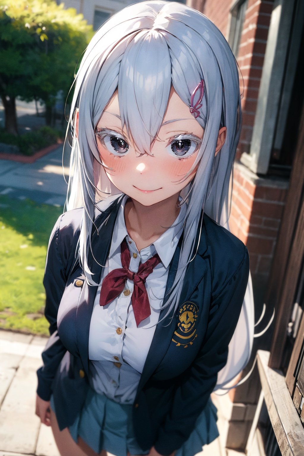 anime, hdr, soft light, ((best quality)), ((masterpiece)), (detailed),  echidna, brown eyes, hair between eyes, hairclip, (colored eyelashes:1.1), school uniform, blue jacket, pleated skirt, collared shirt, bowtie, smile, looking at viewer, school,echidna,breakdomain