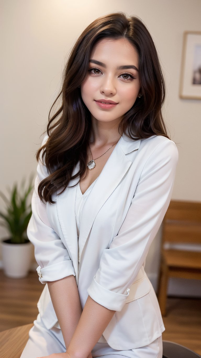 A warm and inviting broadcast studio setting, with a soft blue background and gentle overhead lighting, showcases a bright-eyed and cheerful young woman, smiling warmly at the camera. She's dressed in a crisp white suit, complete with a matching blouse and a statement necklace, giving off a professional yet approachable vibe. Her dark hair is styled in loose waves, framing her heart-shaped face and emphasizing her sparkling brown eyes. As she holds up the day's top news story on a tablet screen, her features radiate confidence and friendliness, making the viewer feel like they're sitting down to breakfast with a trusted friend.