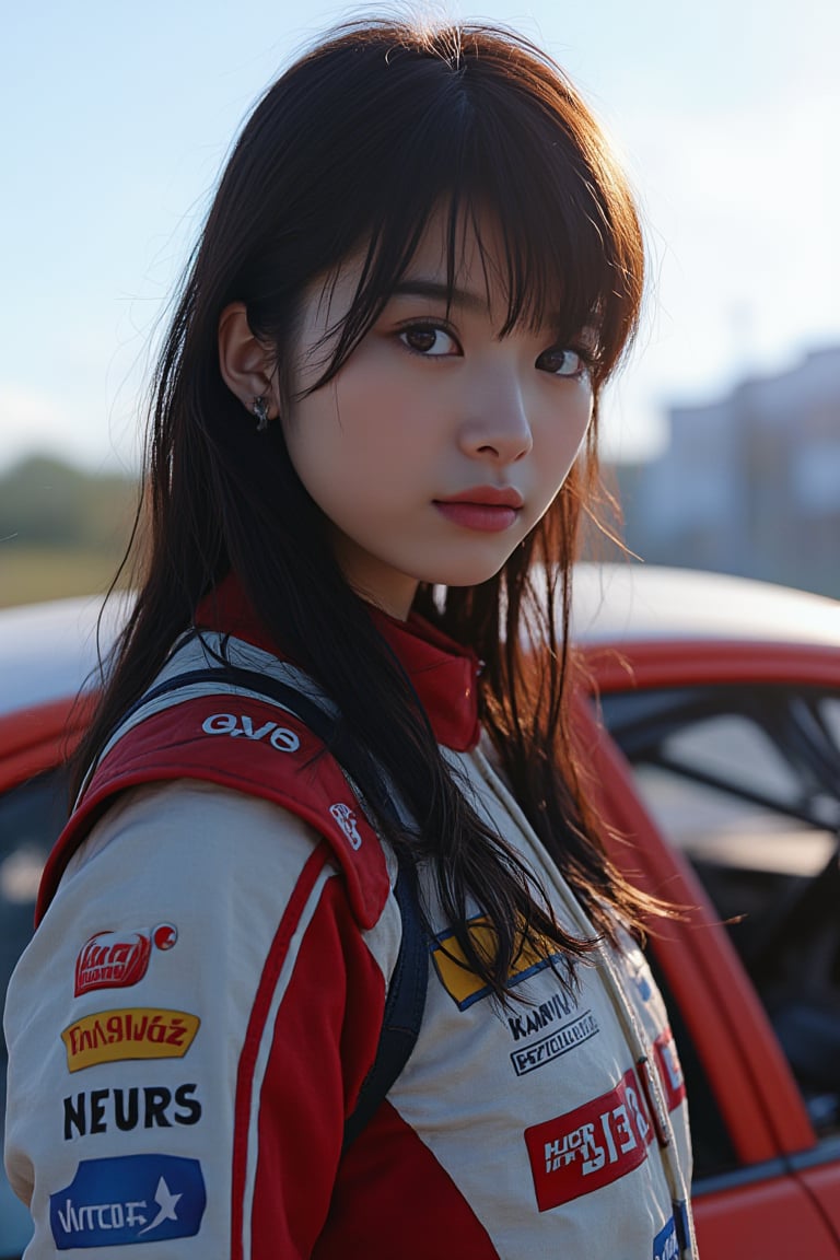 figure girl, with great attention to detail, beautiful and delicate eyes, motor racer anime girls, wearing racing clothes, standing on next to a race car, detailed, dynamic beautiful pose, dynamic pose, natural light, ((realistic)) quality: 1.2), dynamic distance shot, cinematic lighting, perfect composition, super detail, masterpiece, (best) quality: 1.3), reflection, high resolution CG Unity 8K wallpaper, simple background, masterpiece, (photorealistic): 1.2), random angle, side angle, full body