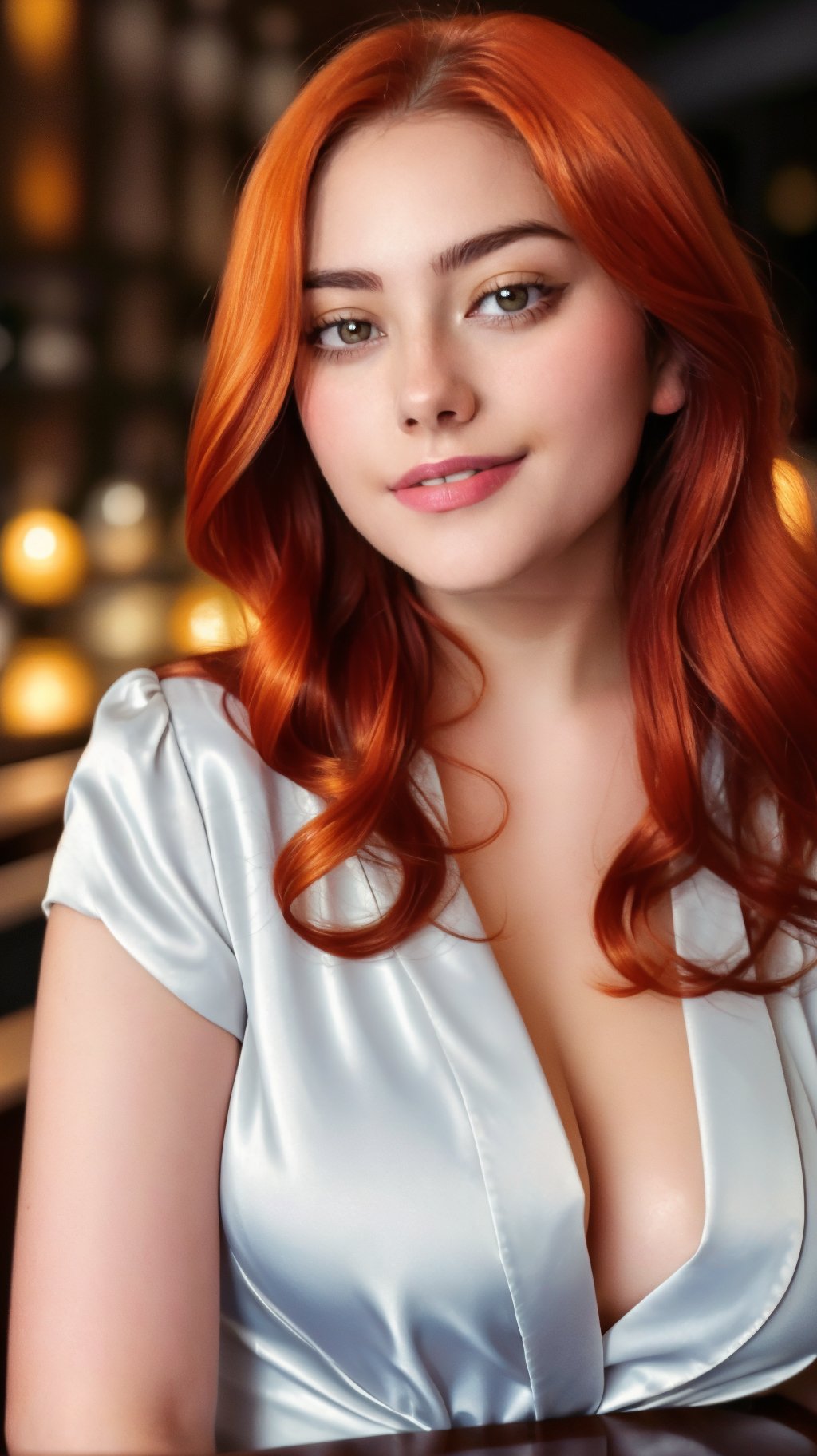 Close-up shot of a stunning 23-year-old turkey woman, dressed in a elegant blouse, sips on a drink at a dimly lit bar. Her bright ginger hair cascades down her porcelain skin as she flashes a radiant smile, showcasing her perfectly aligned features and captivating gaze. The cinematic lighting casts a warm glow on her very beautiful lady-like face, captured with raw, unfiltered intimacy.