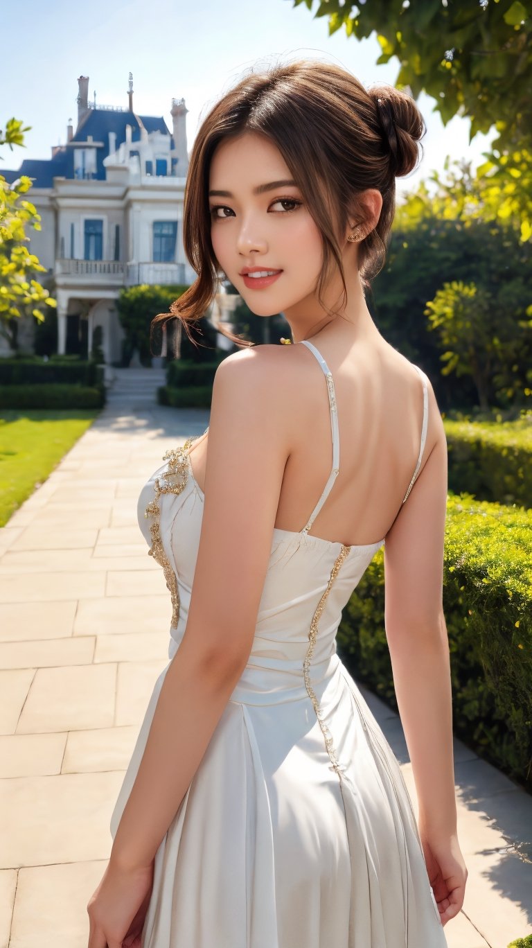 Pretty and charming girl. She wears a very elegant noblewoman oufit. She is a very cute girl. Hyperdetailing masterpiece, hyperdetailing skin, masterpiece quality, with 4k resolution. Charming smile. Short hair, himecut hairstyle, blonde hair. Mansion in background. She belongs to the nobility. bun hairstyle. tender and charming smile.,1girl