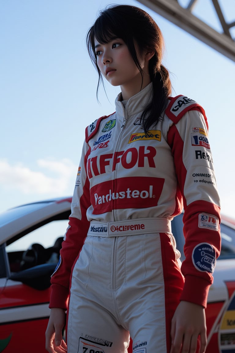 figure girl, with great attention to detail, beautiful and delicate eyes, motor racer anime girls, wearing racing clothes, standing on next to a race car, detailed, dynamic beautiful pose, dynamic pose, natural light, ((realistic)) quality: 1.2), dynamic distance shot, cinematic lighting, perfect composition, super detail, masterpiece, (best) quality: 1.3), reflection, high resolution CG Unity 8K wallpaper, simple background, masterpiece, (photorealistic): 1.2), random angle, side angle, full body