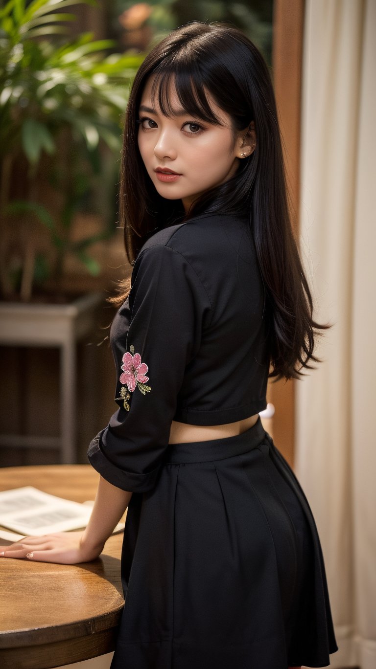 High-quality shot of a beautiful girl alone in an indoor setting. She stands with confidence, her long black hair cascading down her back with a subtle shine from the hair ornament. Her piercing blue eyes gaze directly at the viewer, framed by bangs and a curtain of dark locks. A delicate flower adorns the table beside her, accompanied by a stack of books and a small potted plant. The soft glow of clear lights illuminates the scene, emphasizing the subject's perfect physique clad in traditional Chinese attire - a flowing skirt and wide sleeves. The overall atmosphere is tranquil, with the girl's serene expression inviting the viewer to step into her quiet world.