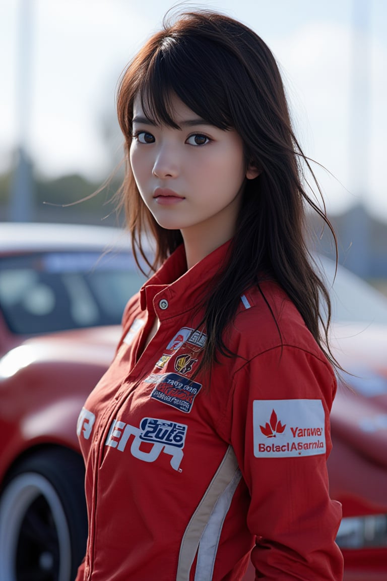 figure girl, with great attention to detail, beautiful and delicate eyes, motor racer anime girls, wearing racing clothes, standing on next to a race car, detailed, dynamic beautiful pose, dynamic pose, natural light, ((realistic)) quality: 1.2), dynamic distance shot, cinematic lighting, perfect composition, super detail, masterpiece, (best) quality: 1.3), reflection, high resolution CG Unity 8K wallpaper, simple background, masterpiece, (photorealistic): 1.2), random angle, side angle, full body