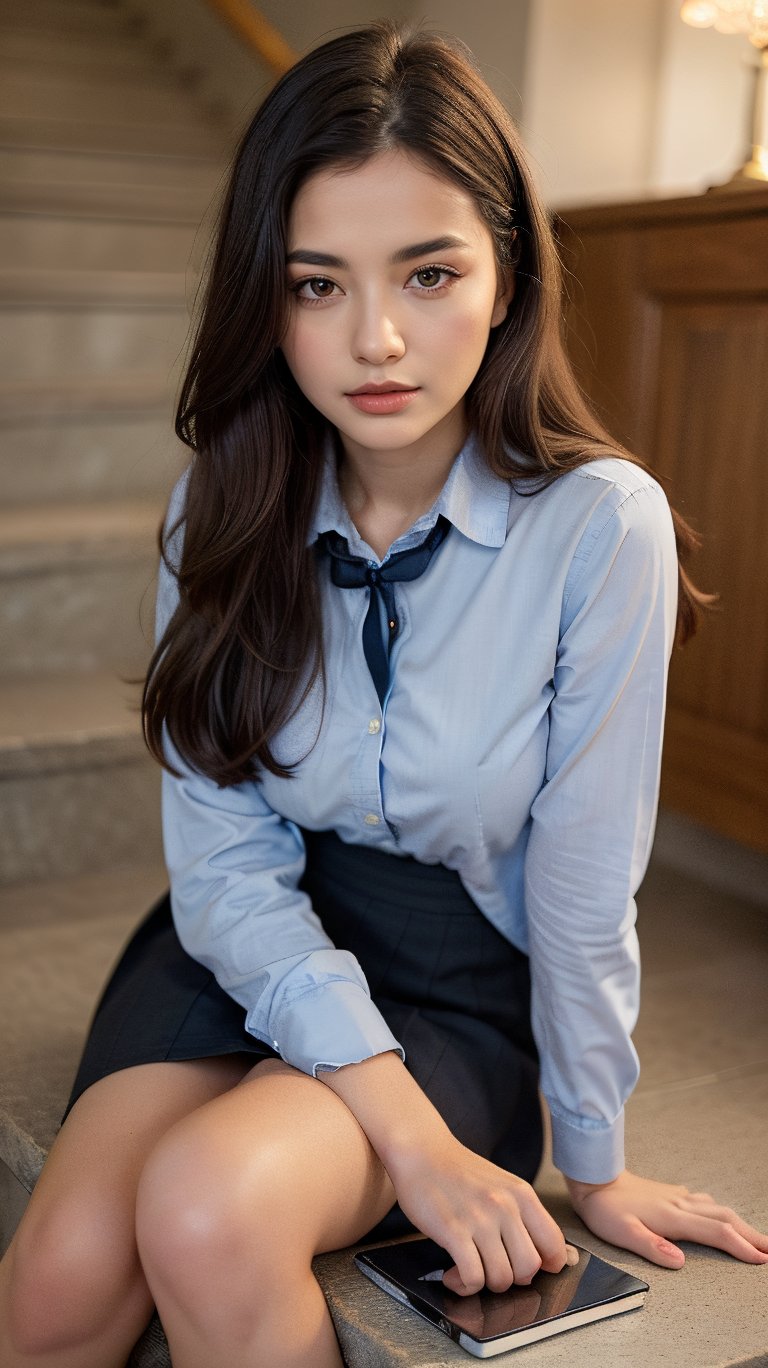 A high school girl, dressed in her crisp school uniform, sits effortlessly on the worn stone stairs. Soft morning light casts a warm glow on her delicate features and highlights the intricate details of her uniform. The camera captures her from directly above, emphasizing the subtle curves of her face and the sharp lines of her bookbag. Her eyes sparkle with a quiet introspection, while her hands cradle a textbook as if lost in thought. Sharp focus on her face allows for an ultra-detailed rendering of every eyelash and freckle, as if she's about to step off the page.