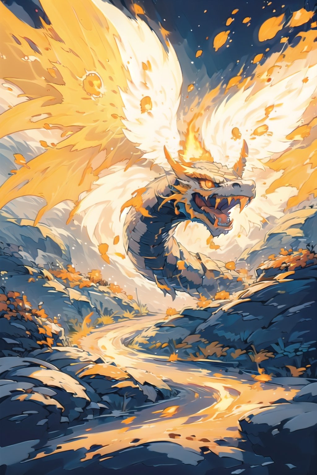 white dragon, orange sky, flames, rocky ground, looking at viewer, highres, high quality, ultra detailed, 8K, EpicArt