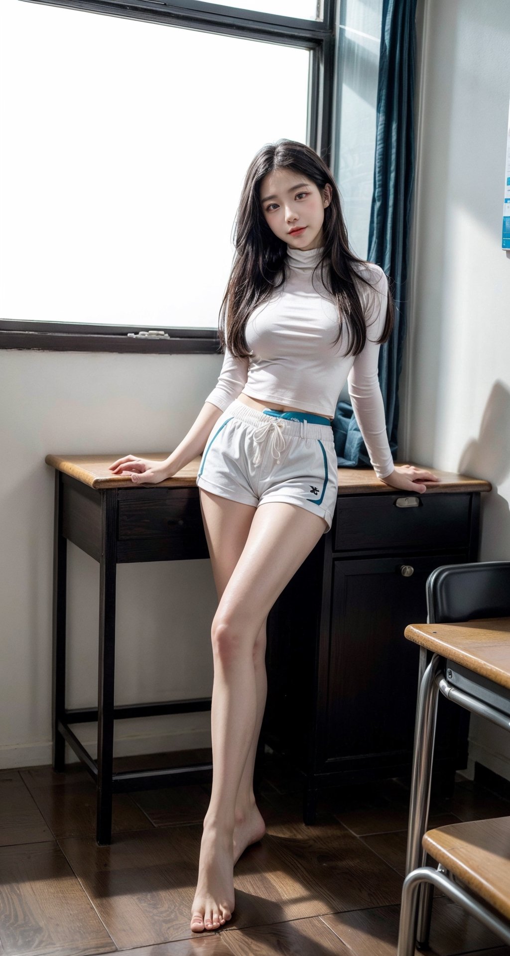 Masterpiece, highest quality, 8K, RAW photo, 1 beautiful Japanese girl, 17 years old, cute face, (uniform length hairstyle: 1.2), (one length), beautiful shiny black hair, straight hair, innocent skin  , pale skin, calm expression, in the classroom, ((whole body to toes)), her bare feet, beautiful legs, standing, posture, sexy posture, (white tight turtleneck top), ((white tight shorts)),  ((show off)), big breasts, angle from below, head tilt, dimly lit room, night, dusk, magic hour, realism, Portreit, original photo, photography, 1 girl