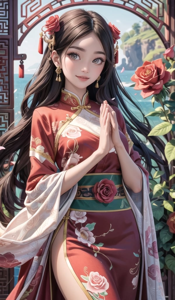 Masterpiece in UHD, with sharp details. Style inspired by traditional Chinese painting, in an artistic fusion of portrait and nature. | A beautiful Chinese woman is elegantly dressed in a traditional red Chinese garment, standing out amidst a lush background filled with red roses. Her dark hair is delicately combed and adorned with golden accessories, while her face reflects serenity and gracefulness. She is in an elegant pose, with her hands lightly raised in a delicate gesture, as if she were appreciating the beauty of the flowers around her. | The composition of the scene enhances the beauty of the woman and the lushness of the roses, with a viewpoint that highlights her figure centralized amidst the sea of flowers. The soft lighting enhances the details of the garment and the woman's face, creating an atmosphere of serenity and elegance. | The light filtered through the rose petals creates an ethereal effect, adding a touch of magic to the scene. The gentle movement of the petals in the wind adds dynamism to the composition, while the intense red tones provide a sense of warmth and passion. | Portrait of a beautiful Chinese woman in a traditional red garment, amidst a stunning backdrop of red roses. | ((smile)), ((perfect_body, perfect_pose)), ((perfect_finger, perfect_fingers, perfect_hand, perfect_hands, better_hands)), ((More Detail, ultra_detailed, Enhance)), 