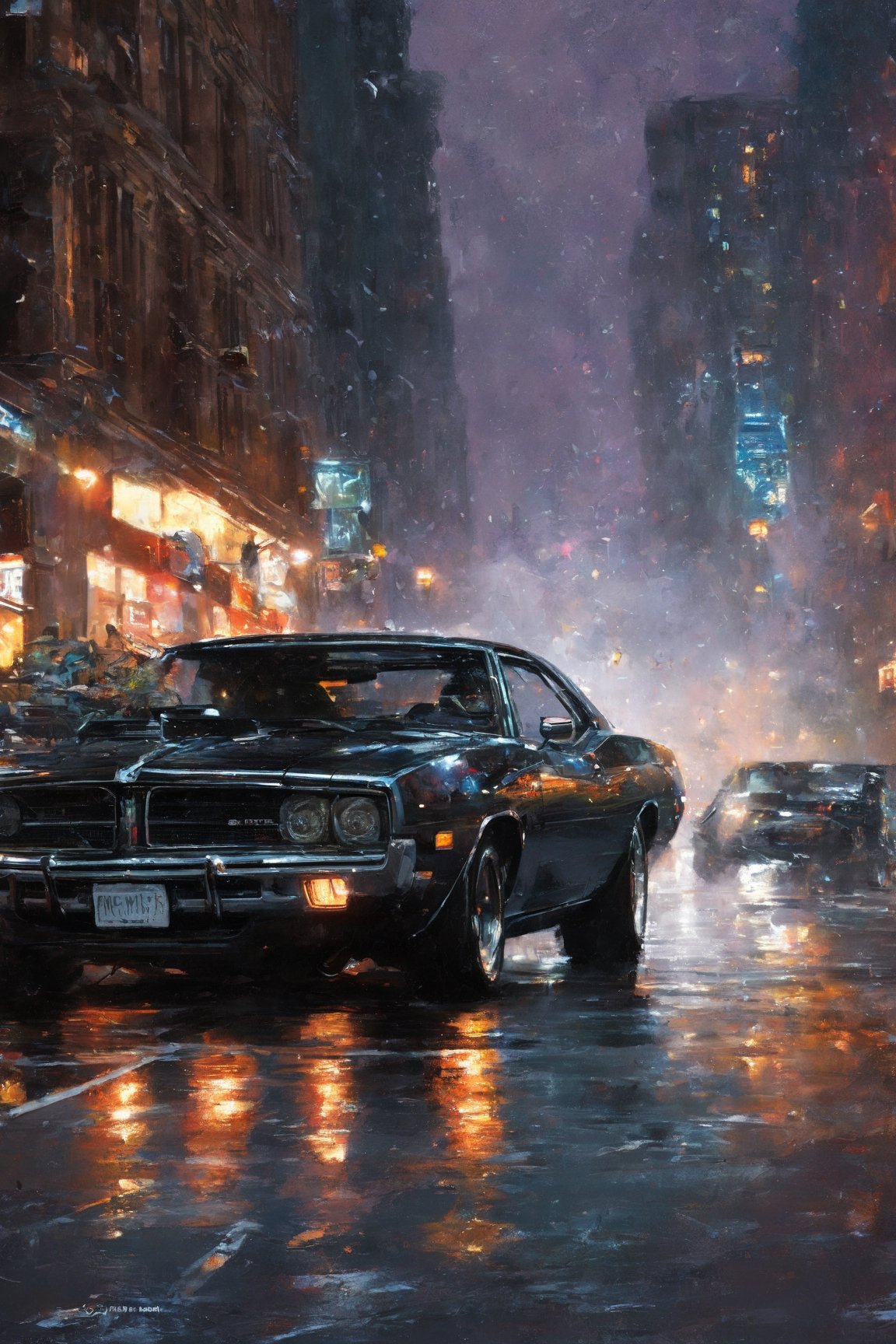 Highly detailed. John Wick Sitting in 2011 DODGE CHARGER without doors, shooting from the driver's seat. close-up, in new york city night, close up, Thomas Kinkade