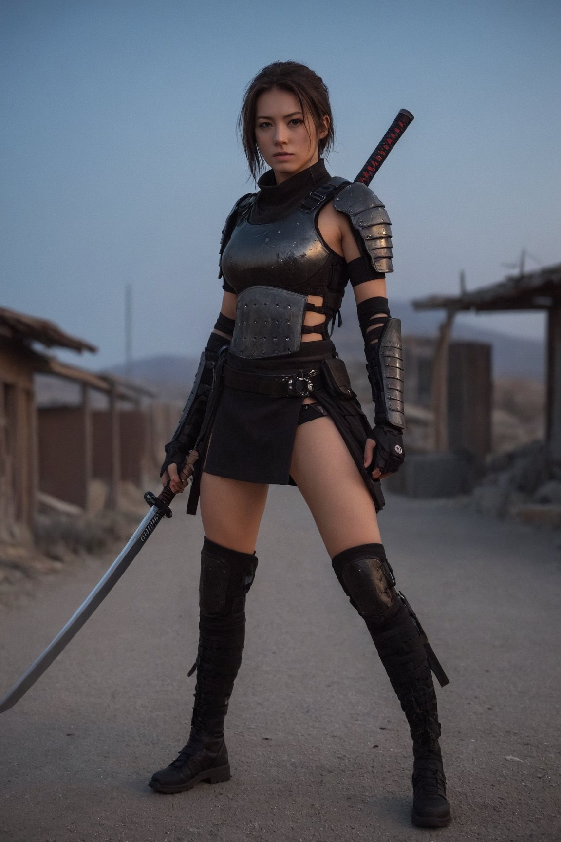 Potrait, a European female Shinobi, cyberpunk samurai style, naked, mesh clothes, without underwear, no pants, full body, combat status, in a battlefield, torn armor and clothing, holding a katana, set in Ghost town, evening, epicdetailed, ultrasharp, style,flash shot, horor scfi, bokeh ,FLASH PHOTOGRAPHY,FilmGirl,REAL GIRL beta,concept