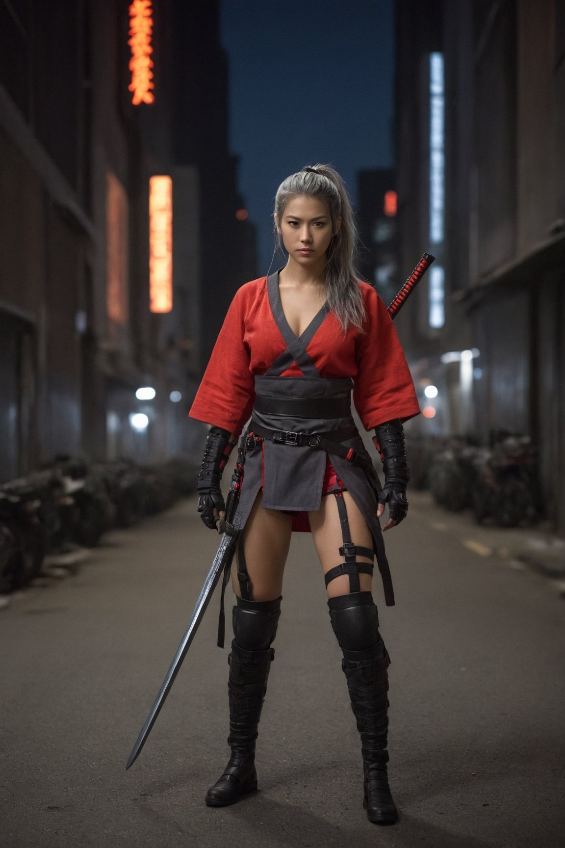 Potrait, a european female samurai ninja, long gray hair with scatf, ponytail, cyberpunk armor, naked, low Ｖ-neck, red mesh clothes, without underwear, no pants, full body, combat status, in a battlefield, torn armor and clothing, set in modern city street, night, epicdetailed, ultrasharp, style,flash shot, horor scfi, bokeh ,FLASH PHOTOGRAPHY,FilmGirl,REAL GIRL beta,concept