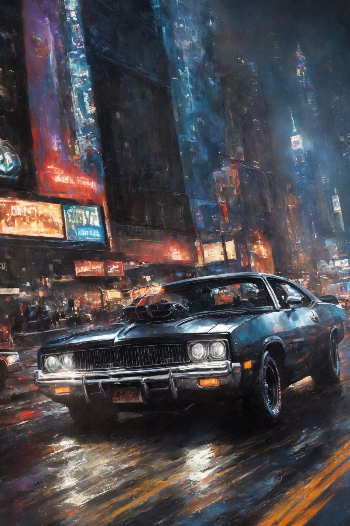 Highly detailed. John Wick Sitting in a DODGE CHARGER without doors, shooting from the driver's seat. in fierce combat, in new york city night, close up, Thomas Kinkade