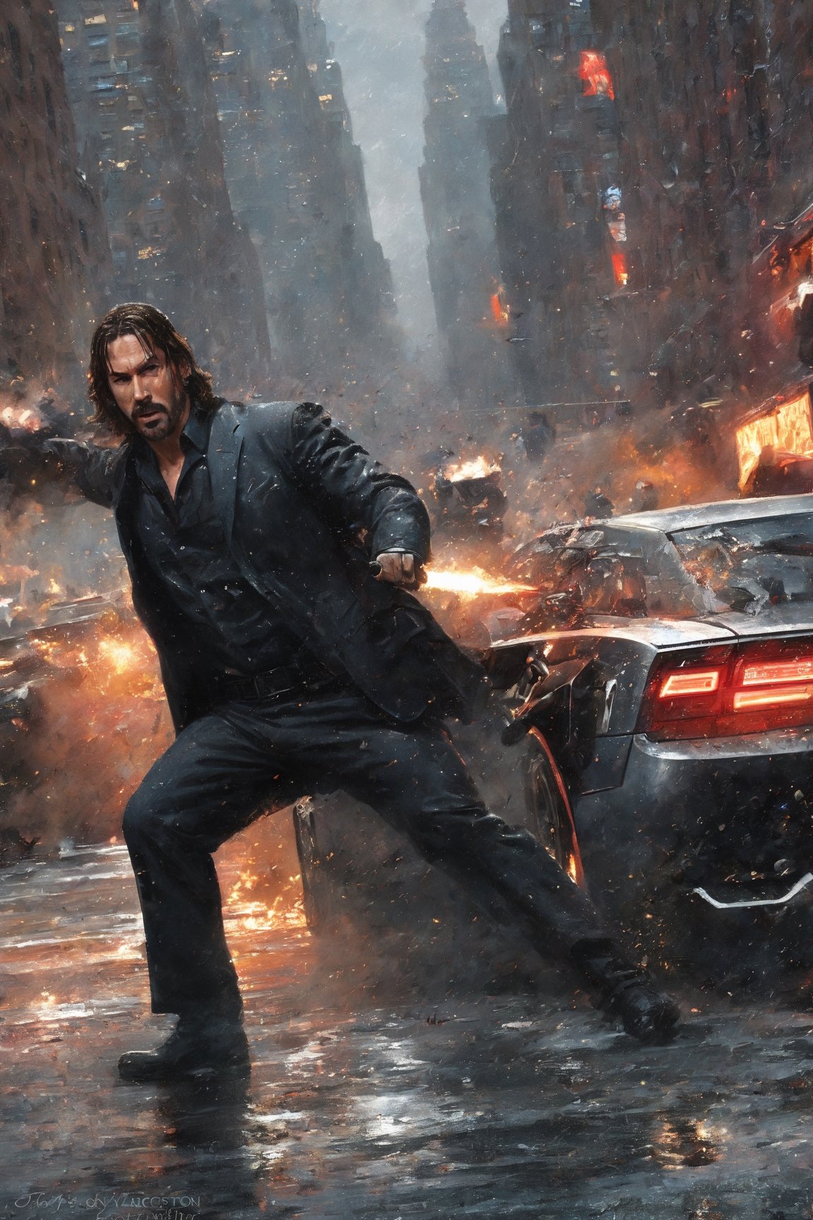 Highly detailed. John Wick fighting with 2011 DODGE CHARGER SXT in fierce combat, in new york city, close up, Thomas Kinkade