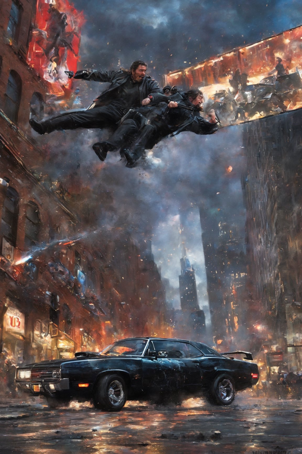 Highly detailed. John Wick fighting with 2011 DODGE CHARGER SXT in fierce combat, in new york city, close up, Thomas Kinkade