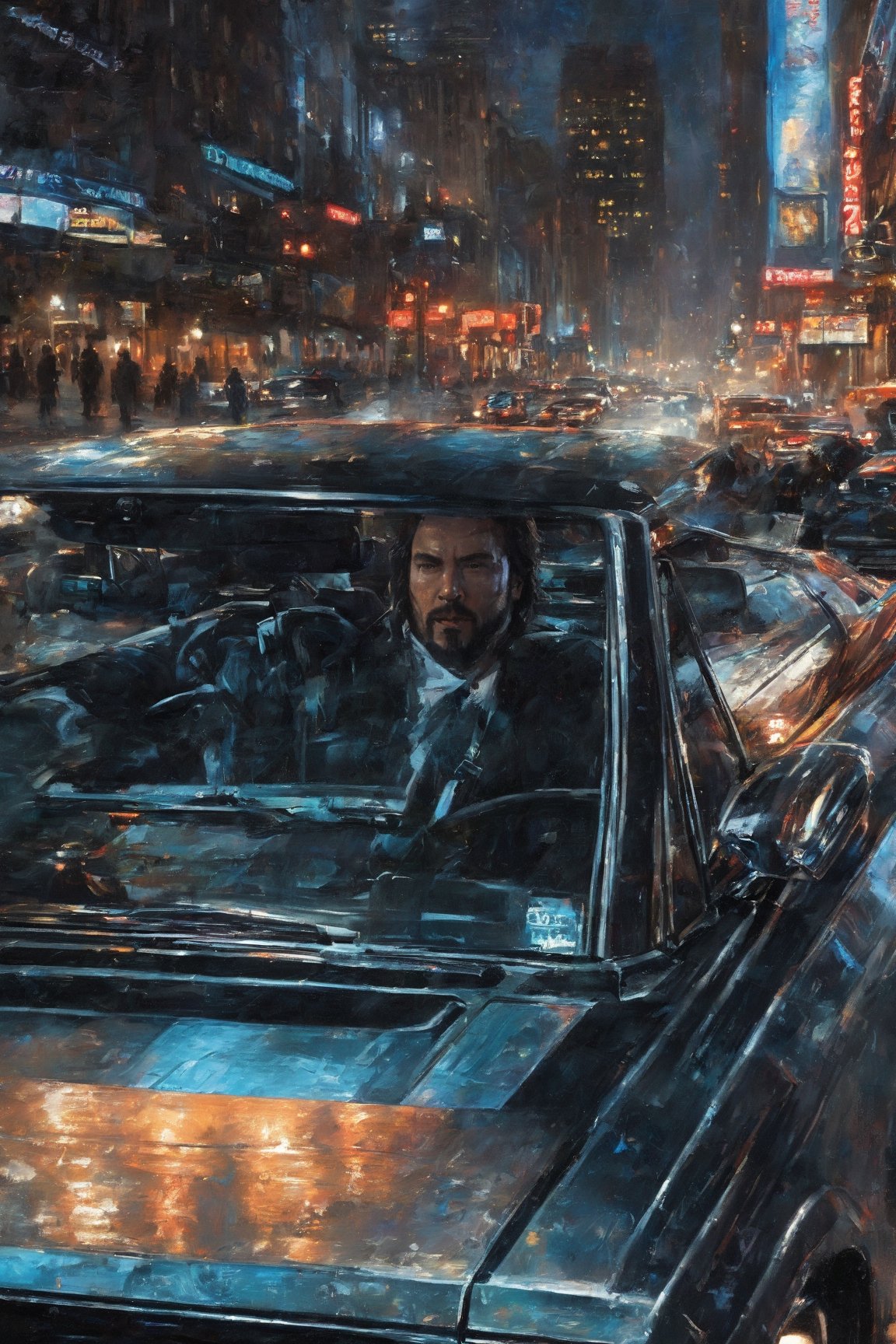 Highly detailed. John Wick Sitting in 2011 DODGE CHARGER without doors, shooting from the right driver's seat. close-up, in new york city night, close up, Thomas Kinkade