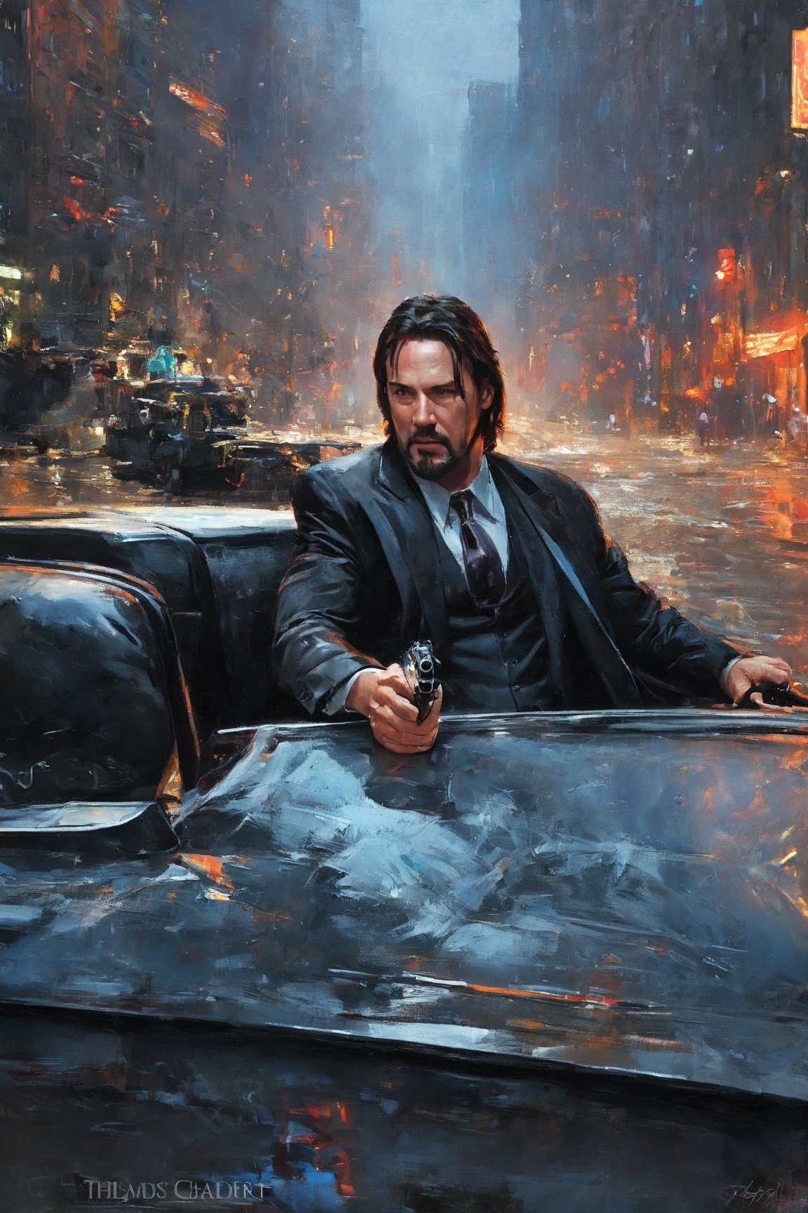 Highly detailed. John Wick hold gun Sitting on the hood in 2011 DODGE CHARGER. close-up, in new york city night, close up, Thomas Kinkade