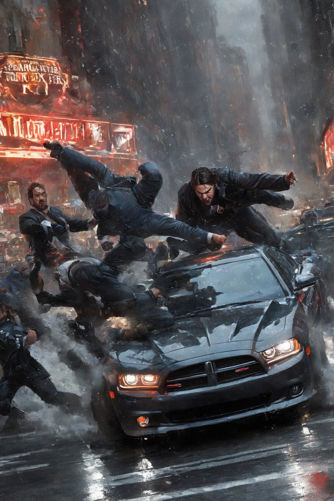 Highly detailed. John Wick fighting with 2011 DODGE CHARGER SXT in fierce combat, in new york city, close up, Thomas Kinkade