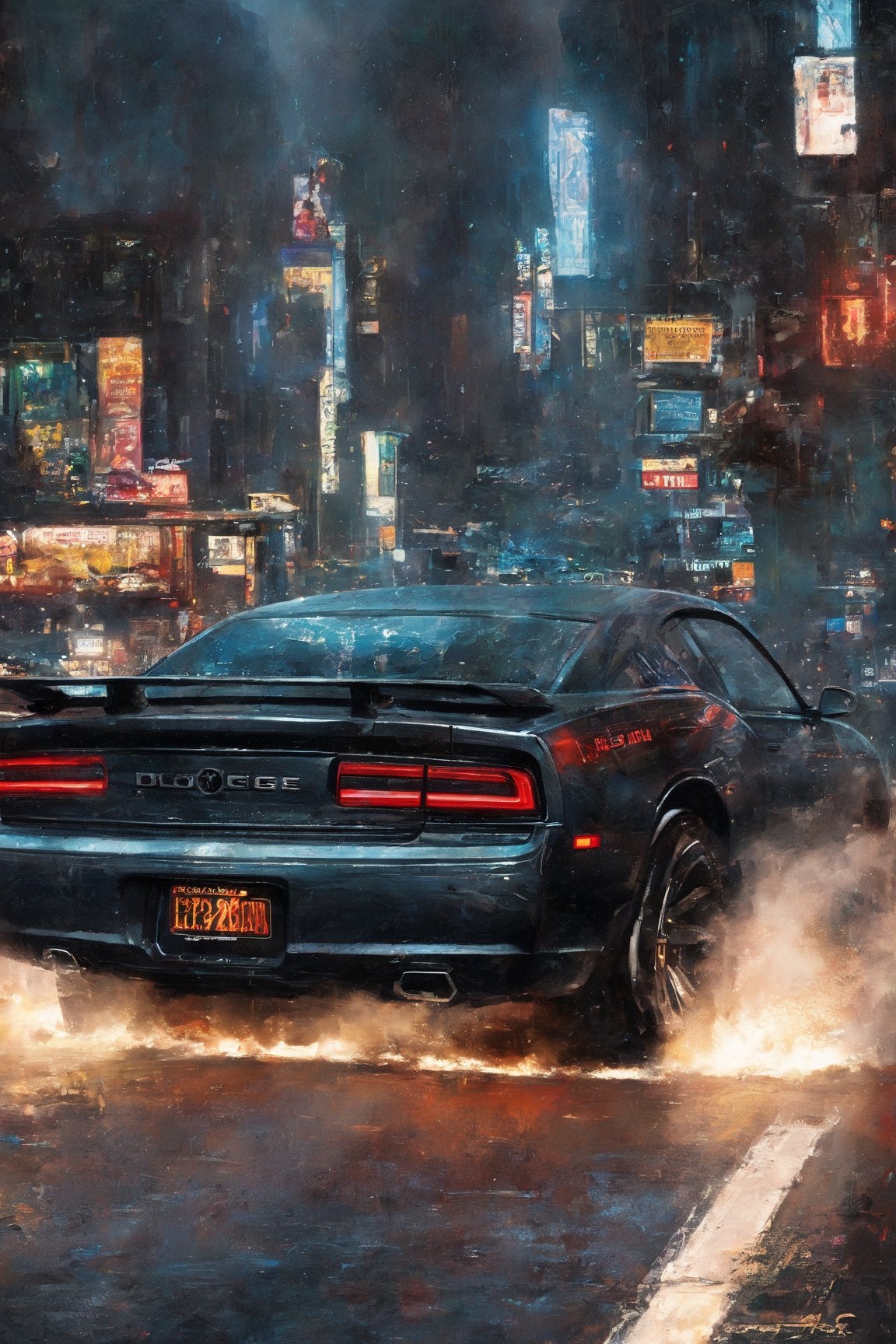 Highly detailed. John Wick Sitting in a 2011 DODGE CHARGER without doors, shooting from the driver's seat. close-up, in new york city night, close up, Thomas Kinkade