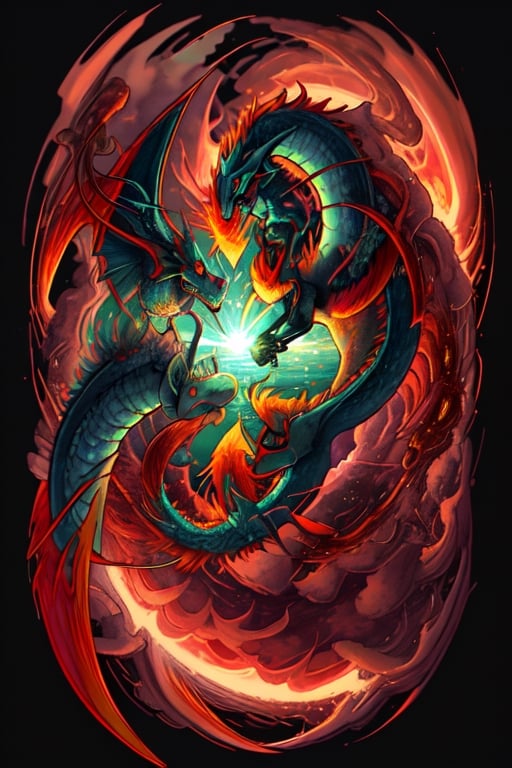 fluming sun dragon, fire, illustration, high quality